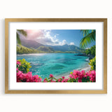 Extra large abstract art print of a serene Bora Bora landscape in muted blue and green tones on a gold-framed canvas.