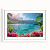 Abstract art print of Bora Bora scenery in soft blue and green tones, framed with a white mat.