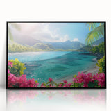 Large abstract wall art depicting the serene waters of Bora Bora in muted aqua and blue tones, framed in black acrylic.
