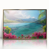 Framed acrylic print of Bora Bora scenery in mid-century modern style with blue and green tones.
