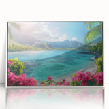 Art deco poster of Bora Bora scenery in pastel shades on framed acrylic, suitable for modern nursery decor.