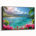 Black and white framed canvas of French Polynesia landscape, ideal for bedroom wall art.