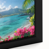 Extra large black wall art featuring a textured view of Bora Bora, with vibrant color accents, framed canvas.