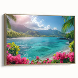 Framed canvas landscape art painting featuring a serene Bora Bora beach scene with vibrant blue and green colors.