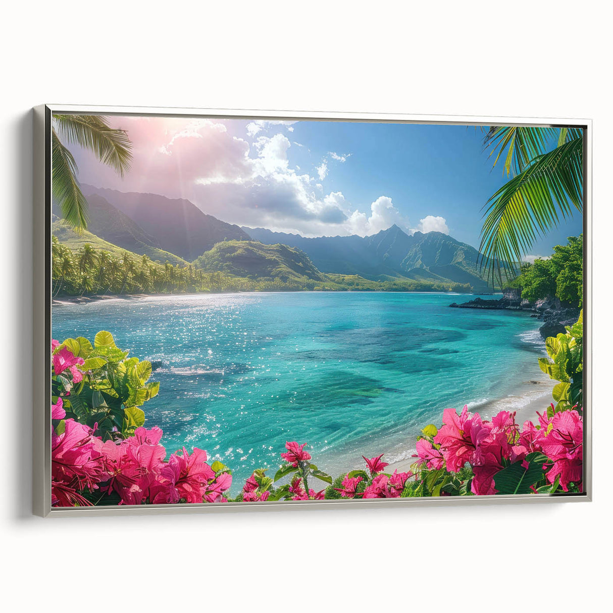 Framed canvas of a serene Bora Bora landscape in muted blues and greens, ideal for bedroom wall art.