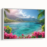 Vintage poster art of Bora Bora with vibrant blue and green tones on a framed canvas, ideal for living room decor.