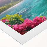 Art deco poster of Bora Bora scenery in vibrant blue and green tones, printed on rolled canvas.