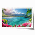 Extra-large rolled print of Bora Bora scenery with vibrant blue water and lush green islands, ideal for dining room wall art.