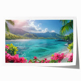 Extra-large rolled print of Bora Bora scenery with vibrant blue water and lush green islands, ideal for dining room wall art.