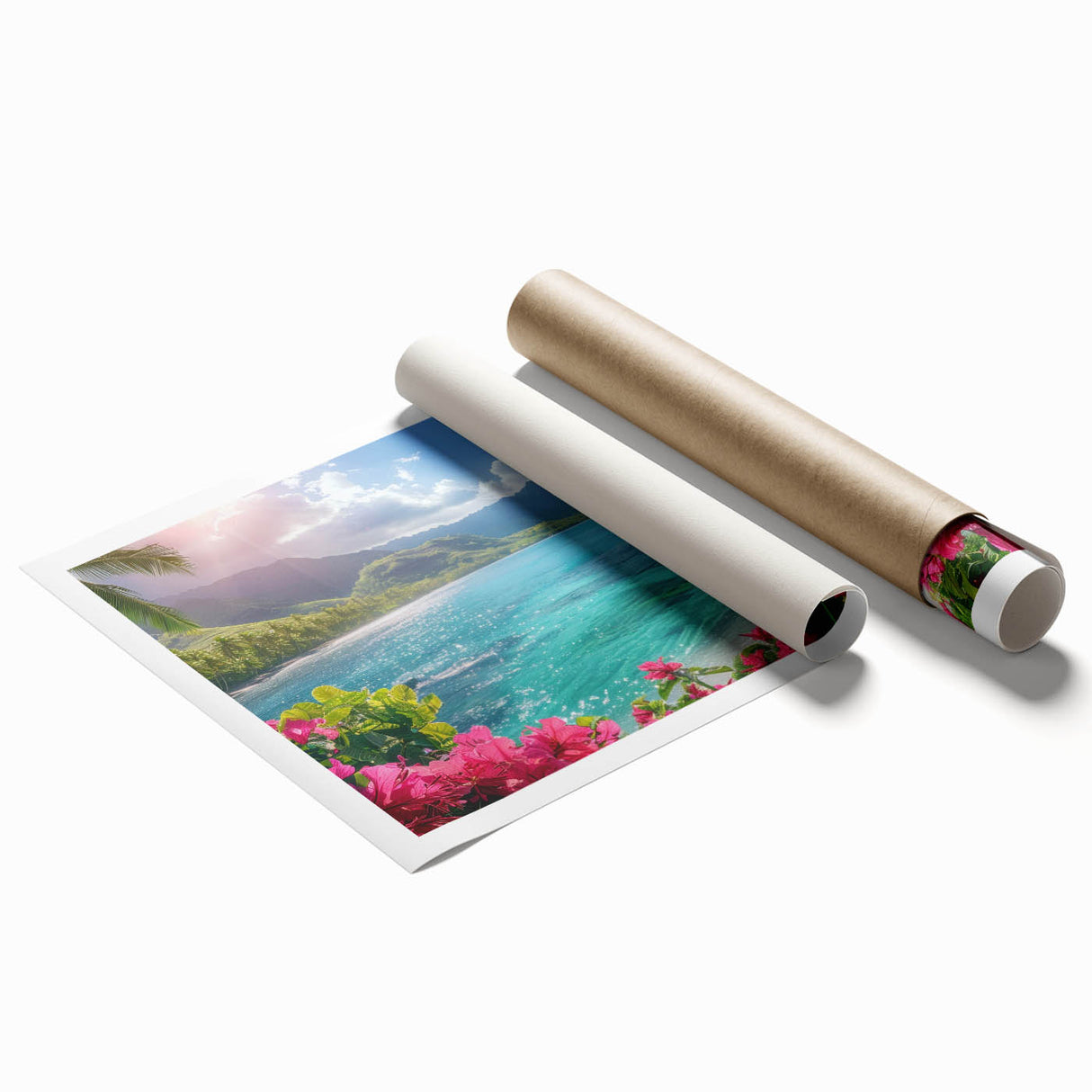 Extra large wall art featuring a serene Bora Bora seascape with gentle blues and greens on a rolled canvas.