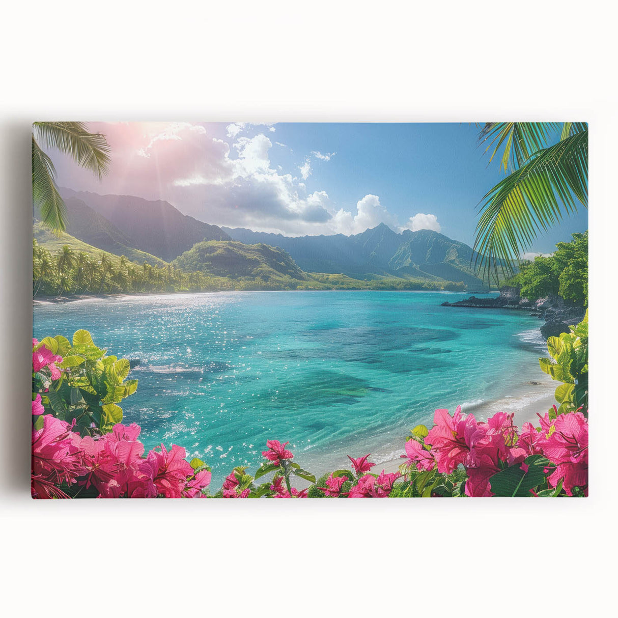 Black and white stretched canvas of Bora Bora scenery, ideal for kitchen wall art.