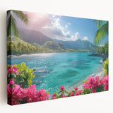 A stretched canvas depicting a serene Bora Bora oceanic scene in soft blue and green tones, ideal for kitchen wall decor.