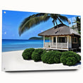 Acrylic print of a serene Tahiti beachscape with soft blue and sandy hues, ideal for bedroom or dining room decor.