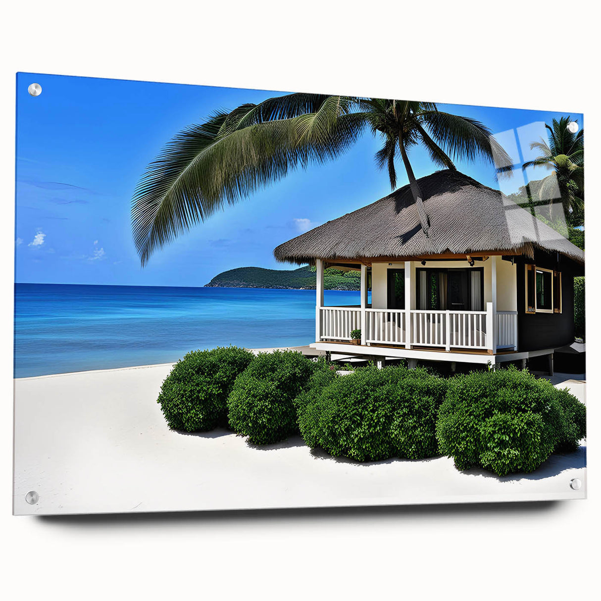 Acrylic print of a serene Tahiti beachscape with soft blue and sandy hues, ideal for bedroom or dining room decor.