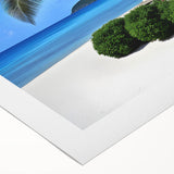 Art deco poster featuring serene Tahiti scenery in soft blue and green tones on rolled canvas.
