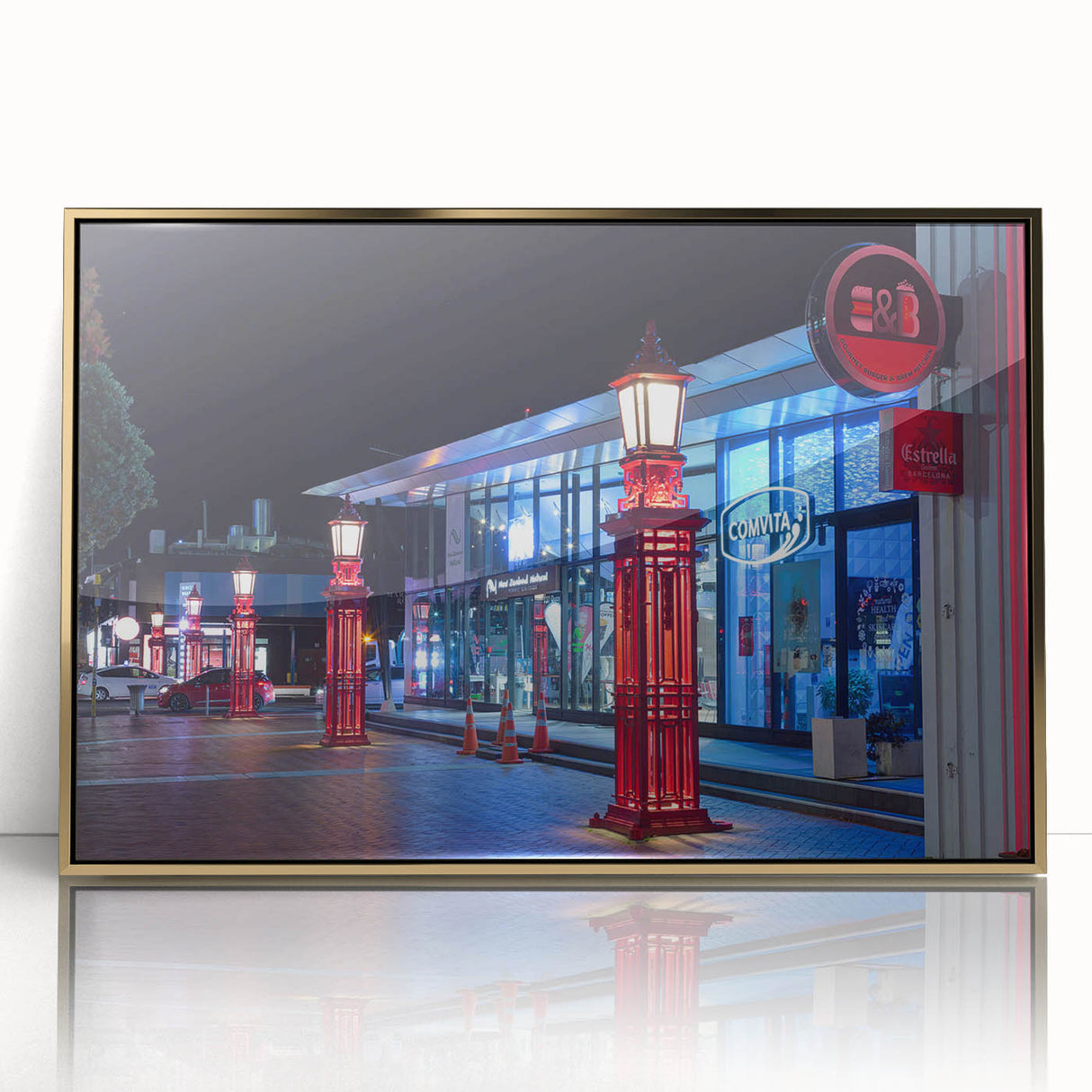 Framed acrylic print of Auckland skyline in muted blue tones, ideal for modern art wall decor.