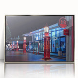 Mid-century modernist art depicting the Auckland skyline in muted gray and blue tones, framed acrylic print.