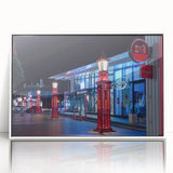 Art deco poster depicting Auckland skyline in muted gray and blue tones, acrylic print framed in white.