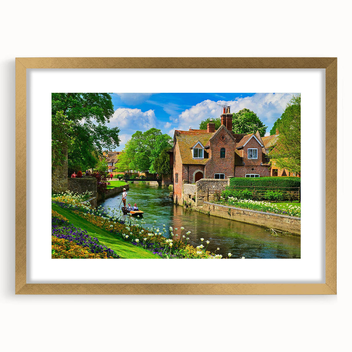 Abstract art print of Canterbury, New Zealand, in textured shades of blue and green on a large gold-framed canvas.