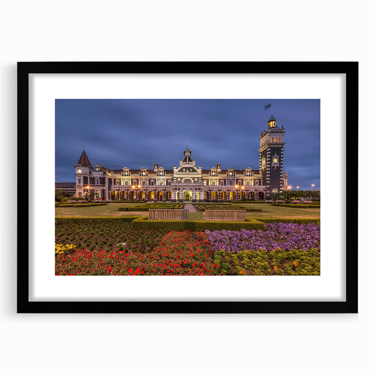 Extra large abstract art print of Otago, New Zealand, in vibrant colorful textures on a black framed canvas.