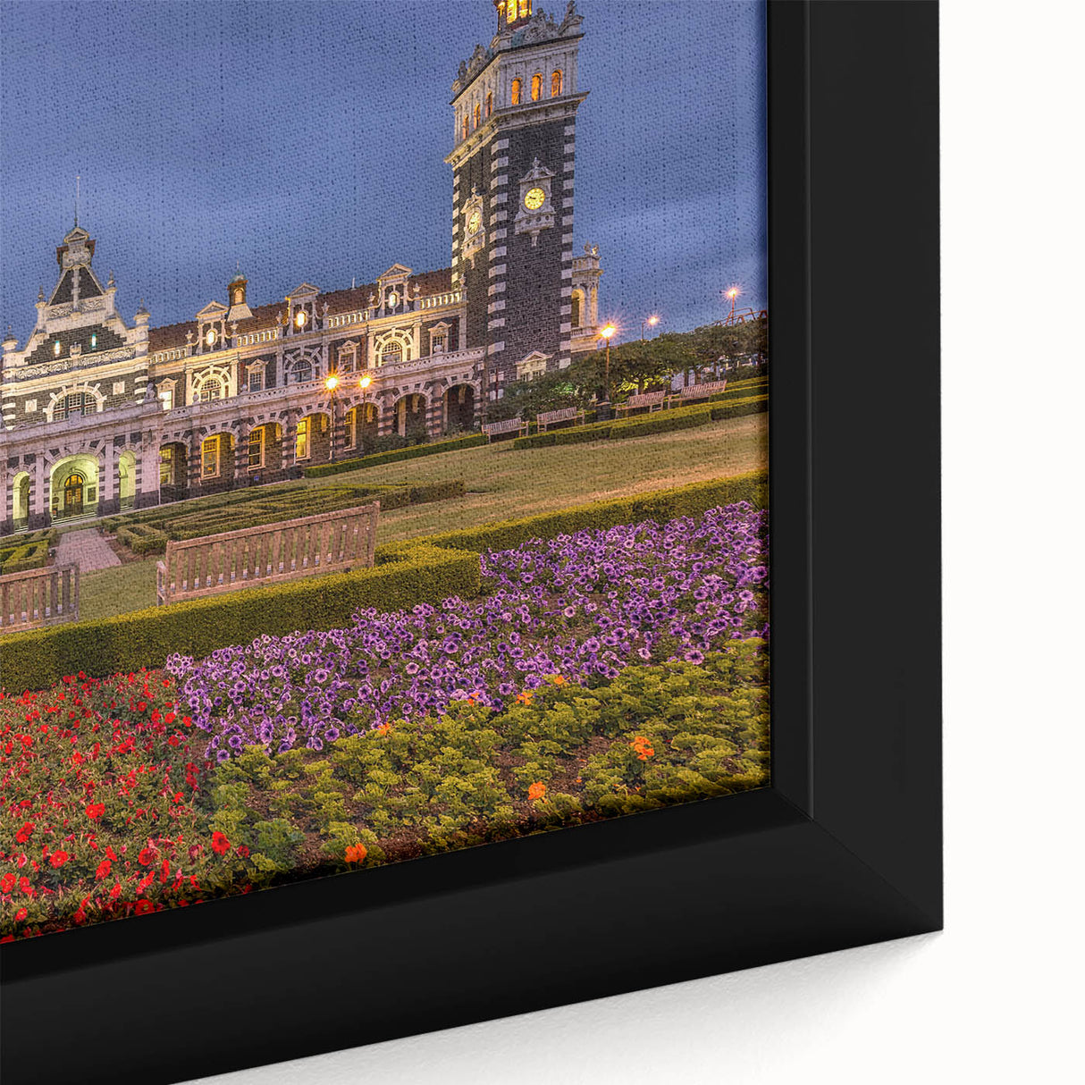 Extra large, black framed canvas featuring a textured, colorful New Zealand Otago landscape, ideal for living room decor.