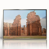 Mid-century modernist art depicting a serene Argentine landscape in muted earth tones on a silver-framed acrylic print.