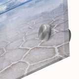 Large abstract wall art depicting a Bolivian landscape in muted earth tones on acrylic glass, suitable for dining room decor.