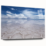 Large abstract wall art of Bolivian scenery in muted earth tones on acrylic glass, ideal for bedroom or dining room decor.