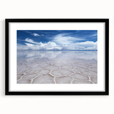 Extra large abstract art print depicting a colorful, textured scenery of Bolivia, framed in black.