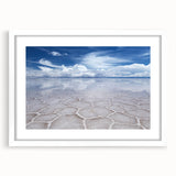 Abstract art print of a Bolivian landscape in earthy tones on a white framed mat, suitable for bedroom or dining room decor.