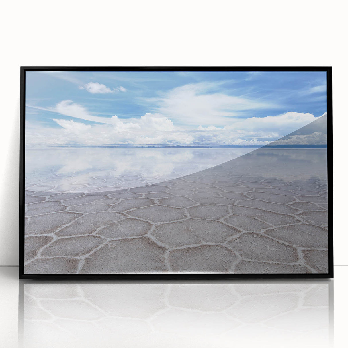 Large abstract wall art depicting a South American Bolivian landscape in muted earth tones, framed in black acrylic.