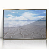 Acrylic print of a Bolivian landscape with golden frame, featuring muted earth tones, ideal for modern art wall decor.