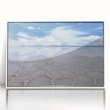 Art deco poster of a South American Bolivian landscape in muted earth tones on white framed acrylic.