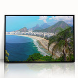 Large abstract wall art depicting a stylized Brazilian landscape in vibrant colors, framed in black acrylic.