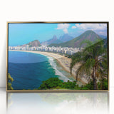 Large acrylic print of a mid-century modernist Brazilian landscape in muted earth tones, framed in gold.