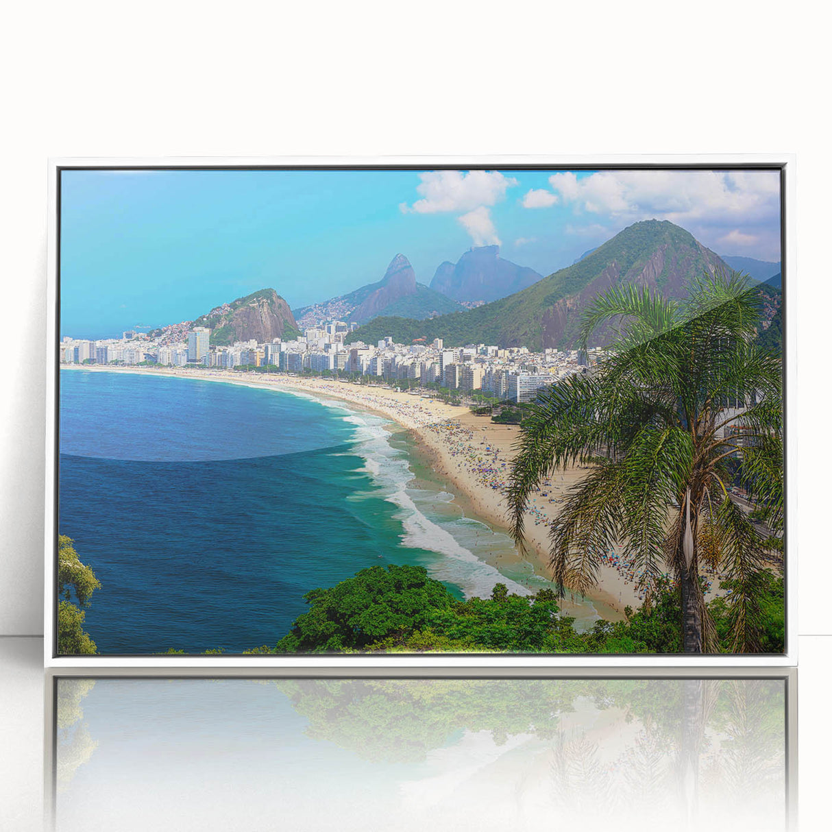 Art deco poster of a Brazilian landscape in muted greens and blues, acrylic print framed in white.