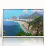 Art deco poster of a Brazilian landscape in muted greens and blues, acrylic print framed in white.