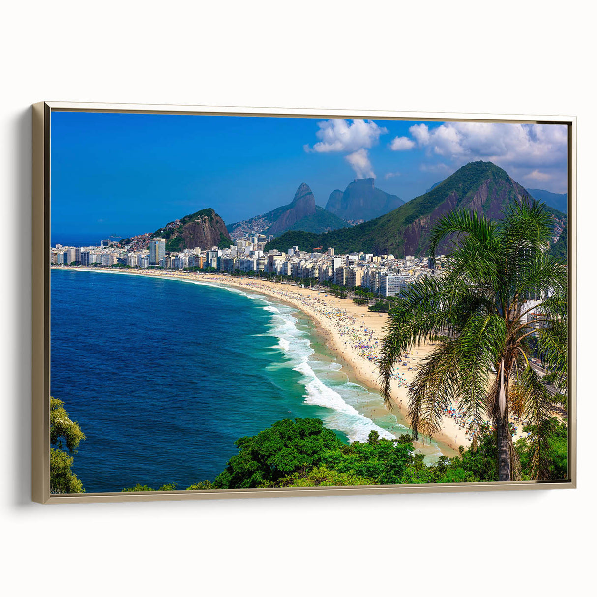 Framed canvas featuring a vintage-style landscape painting of a Brazilian scenery in muted gold and black tones.