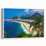 Vintage poster art of a Brazilian landscape in vibrant colors on a large framed canvas, ideal for living room decor.