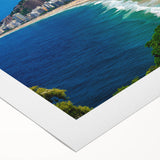 Art deco poster of a Brazilian landscape in muted greens and blues on rolled canvas, suitable for dining room wall art.