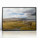 Large abstract wall art of a Chilean landscape in muted earth tones, framed in black acrylic, suitable for modern home decor.