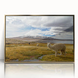 Mid-century modernist acrylic print of a Chilean landscape in muted earth tones, framed in gold.