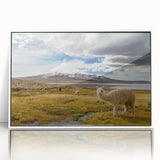 Acrylic framed modern art wall decor featuring a minimalist Chilean landscape in muted earth tones.