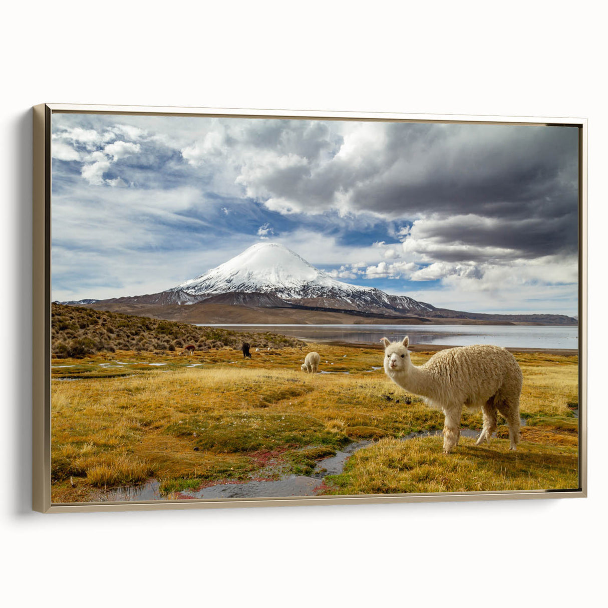 Framed canvas of a vintage-style landscape painting featuring Chilean scenery, with muted earth tones.