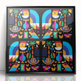 Large abstract wall art depicting a vibrant Colombian landscape in muted earth tones, presented in a black framed acrylic.