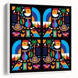 Vintage poster art of Colombian scenery on a framed canvas, featuring vibrant colors against a black background.