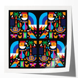 Extra large rolled print of a floral Colombian landscape in vibrant greens and blues, ideal for dining room wall art.