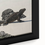 Black wall art featuring a textured, colorful depiction of the Galápagos scenery on a large framed canvas.