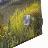 Large abstract wall art featuring a mid-century modernist design of Ecuador scenery in vibrant hues on acrylic glass.