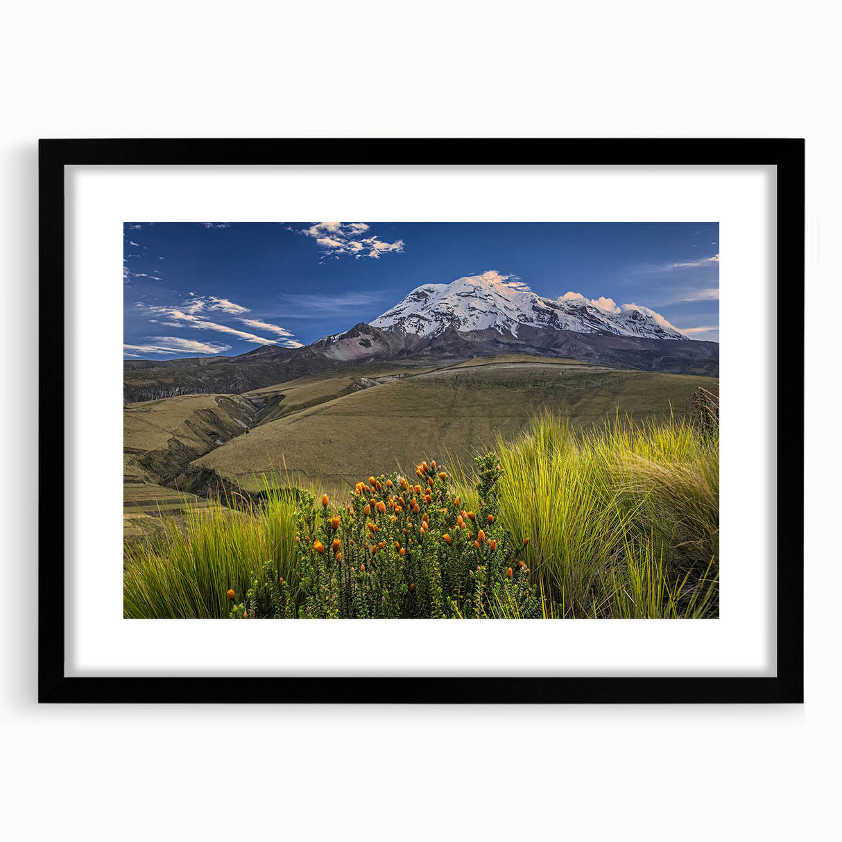 Extra large abstract art print depicting a colorful, textured scenery of South America on a black framed canvas.